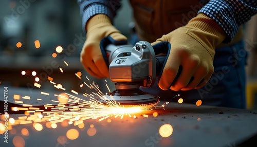 Obraz na płótnie Locksmith Grinding Metal with Sparks – Industrial Worker in Protective Gear
w salonie