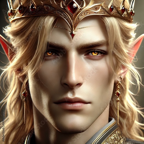 A close-up portrait of a regal elf king with golden hair, exuding majesty and authority.