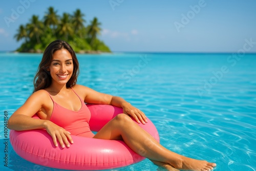 Relaxing in a Pink Float in Tropical Waters Near a Serene Island on a Sunny Day