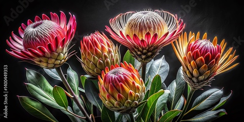 Long Exposure Black and White Protea Flower Drawings: Graphic Art Illustration