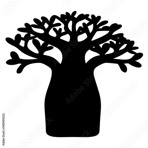 Silhouette of a majestic Baobab tree against a crisp white background illustration