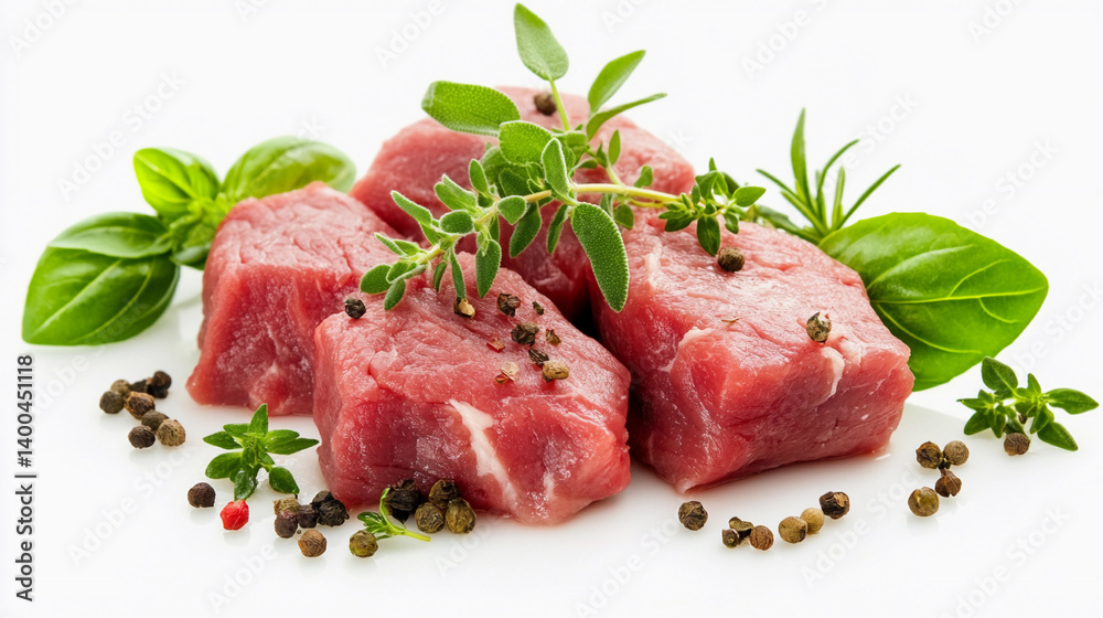 Fresh raw veal pieces with herbs ready for cooking Generative AI Fresh raw veal pieces with herbs ready for cooking Generative AI