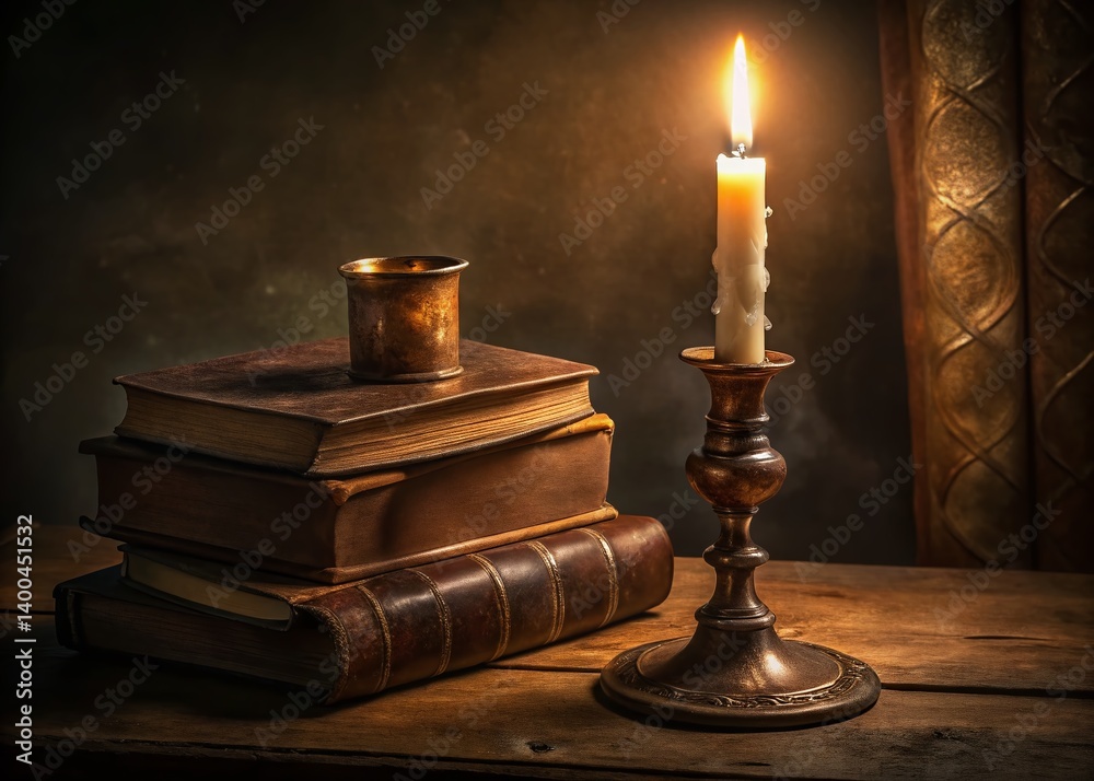 Lighted Candle in Antique Candlestick on Old Books Background - Romantic Still Life Lighted Candle in Antique Candlestick on Old Books Background - Romantic Still Life