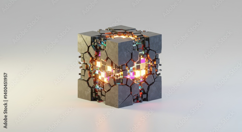 Obraz premium A Glowing Fractured Cube Abstract 3D Render of a Futuristic Geometric Structure