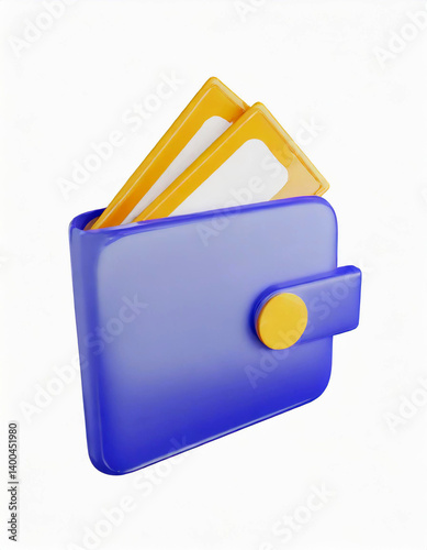 Blue wallet holding cards. Concept of finance. Illustration of spending money. Yellow details. Wallet is open with yellow card shapes sticking out. Finance icon.