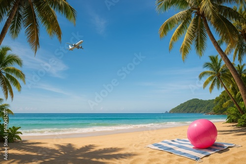 Beachside Tranquility With Palm Trees and an Airplane Overhead During a Sunny...