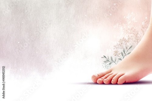 Watercolor illustration of a human foot in soft tones, focusing on the foot arch