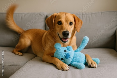 Happy Dog Playing With a Blue Stuffed Toy on a Soft Couch Indoors