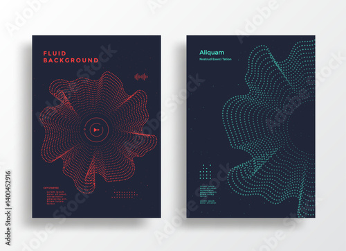 Abstract digital poster design with fluid particle waveforms in red and green on dark background representing futuristic technology and dynamic data visualization concept