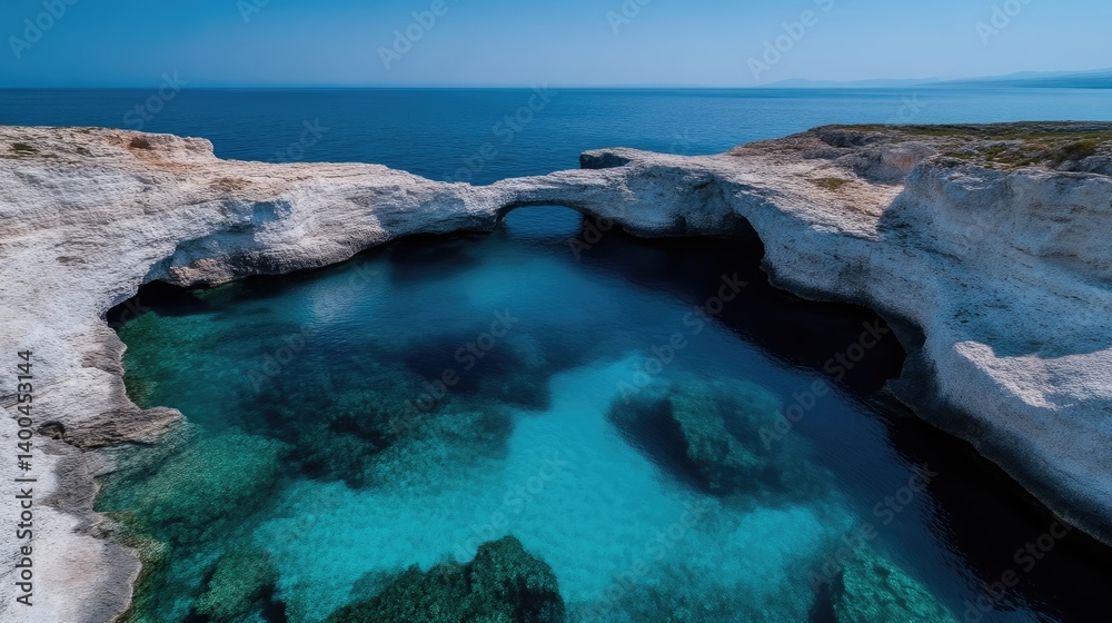 Pristine coastal cave, turquoise water, white cliffs Pristine coastal cave, turquoise water, white cliffs