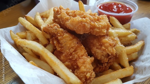  A plate of chicken tenders with french fries and ketchup, presented on a wooden surface.