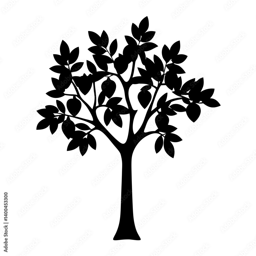 Obraz premium Monochrome Vector Silhouette of a Tree with Fruits, Leaves, and Branches