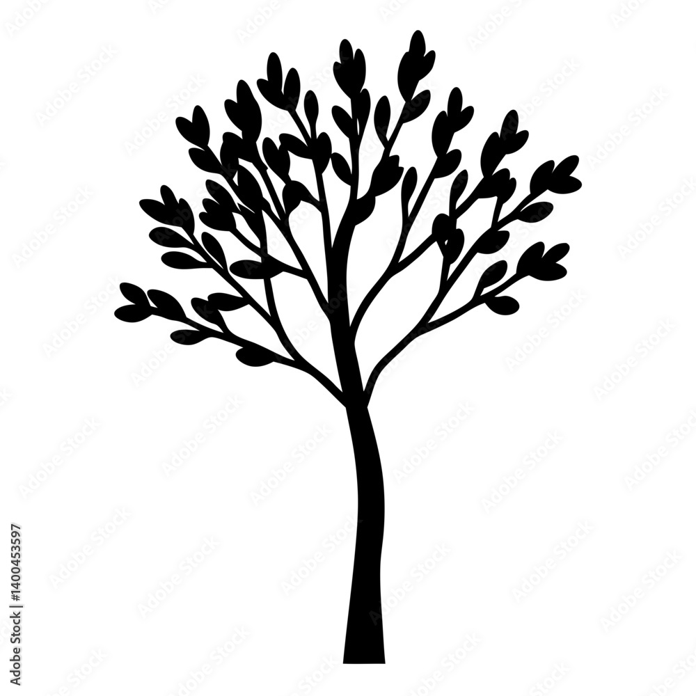 Obraz premium Silhouette of a stylized tree with small leaves on a white background