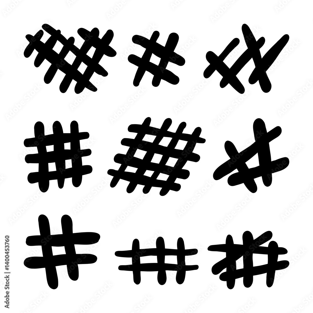 Obraz premium Bold Hand Drawn Hatch Scribble. A collection of 9 bold hand drawn hatch scribbles featuring crosshatch grids diagonal strokes and expressive textures ideal for abstract accents and background fills