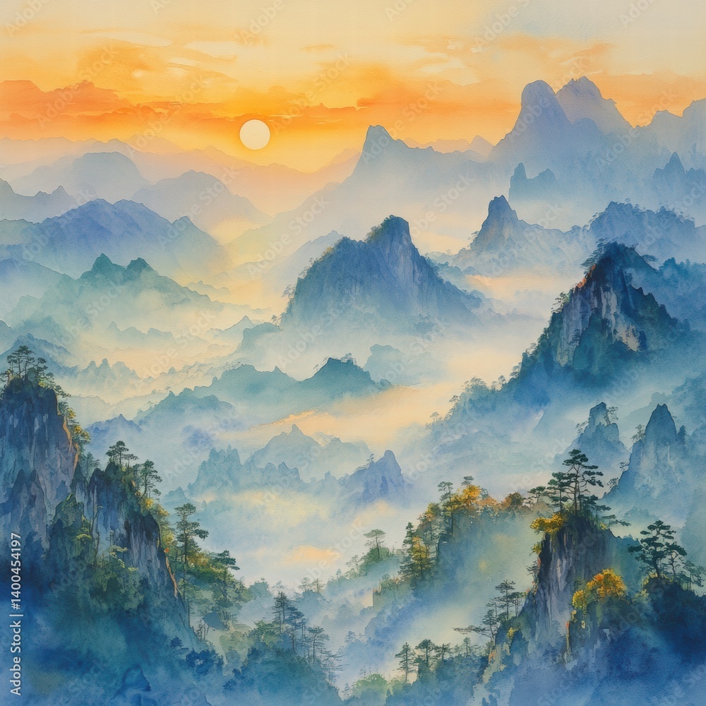 Obraz premium Majestic Mountain Landscape with Sunrise and Mist in the Valley