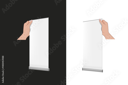 The hand holds a blank sheet of paper. 
 A place to copy, an advertisement, a banner.
 Vector image