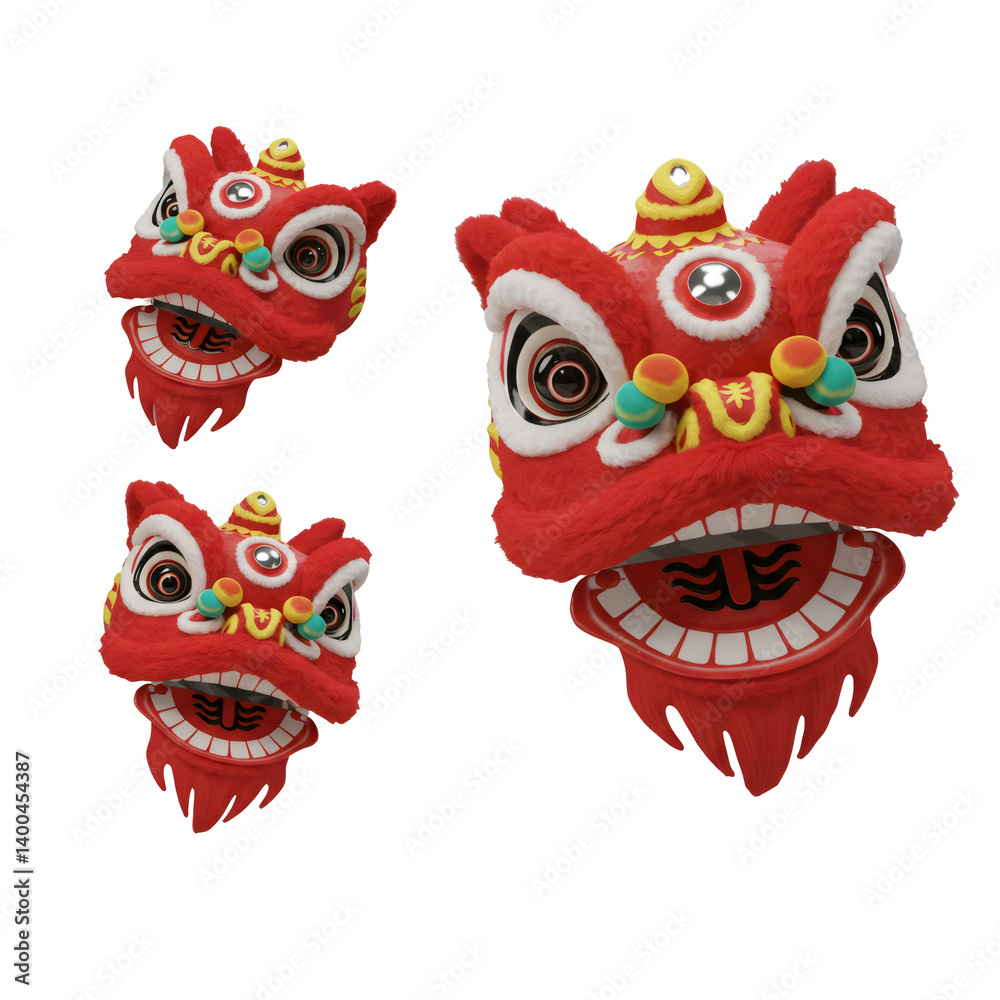 Red Lion Dance Head 3D Render, Festive Cultural Symbol Red Lion Dance Head 3D Render, Festive Cultural Symbol