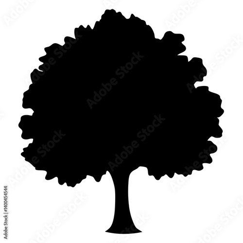Monochrome tree silhouette with broad canopy and thick trunk on white backdrop