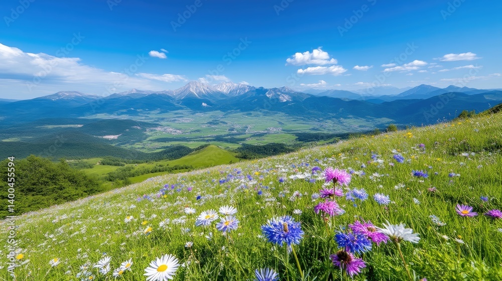 Obraz premium Mountain meadow bursting with wildflowers under a vibrant blue sky