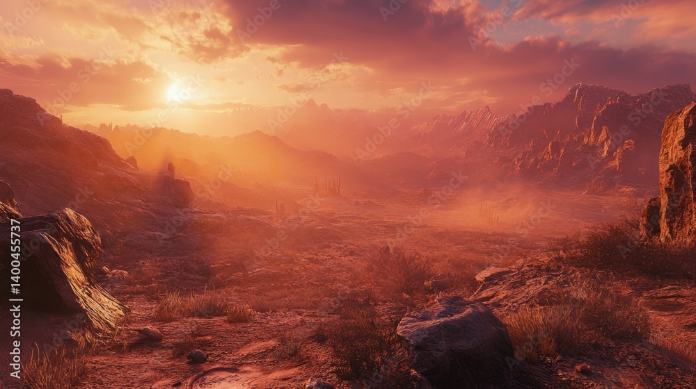 Fototapeta premium Majestic desert landscape at sunset with rocky hills and mountains under a dramatic sky with orange light and warm tones creating a sense of adventure