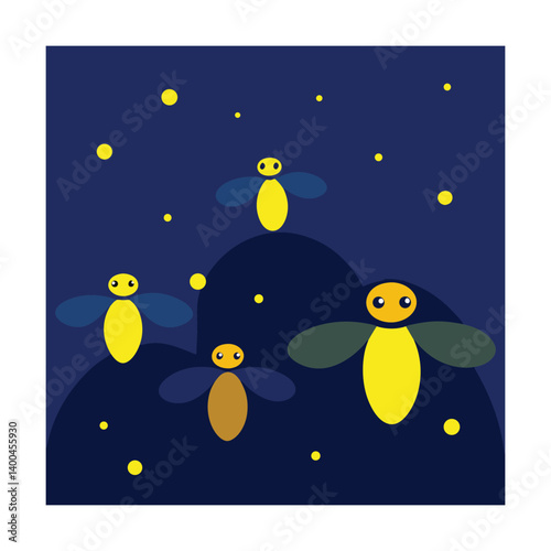 Cute fireflies glowing in the dark night sky