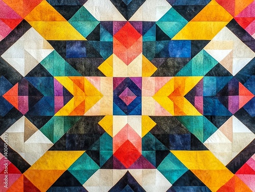 A complex, symmetrical quilt pattern features intricate geometric shapes like diamonds, triangles, and squares in a vibrant palette of yellow, blue, red, pink, and white.