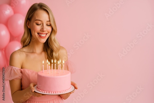 Celebrating a Special Birthday With a Pink Cake and Joyful Candles in a Vibra...