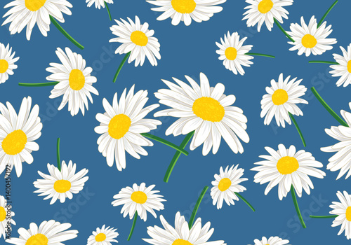 Seamless Pattern of White Daisy Flowers on Blue Background