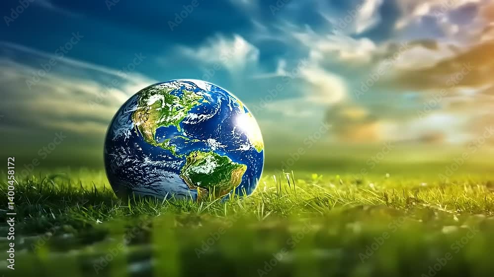 An Earth globe sitting on lush green grass under a bright sky, a symbol of nature and its beauty An Earth globe sitting on lush green grass under a bright sky, a symbol of nature and its beauty