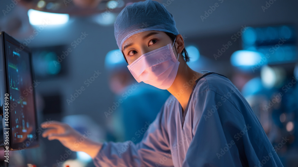 A surgeon in scrubs looking at a monitor in a dimly lit operating room with medical equipment visible A surgeon in scrubs looking at a monitor in a dimly lit operating room with medical equipment visible