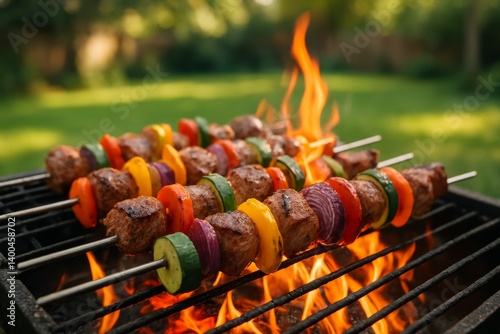 Grilling Skewers of Meat and Vegetables in Backyard During Summer Barbecue at...