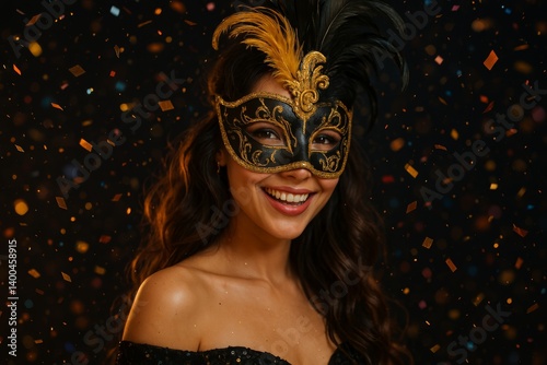 Woman Wearing a Mask Smiles While Confetti Falls During a Festive Celebration