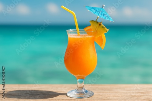 Delightful Tropical Cocktail Garnished With Fruit and Umbrella Against a Vibr...