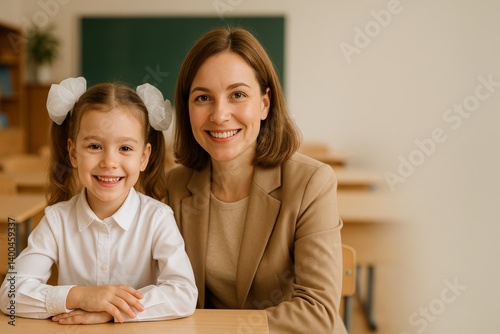Smiling Teacher and Student Pose Together in Classroom Setting During School Day