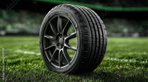 Black Car Tire with Alloy Wheel on a Green Grass Football Field Background in Natural Outdoor Lighting