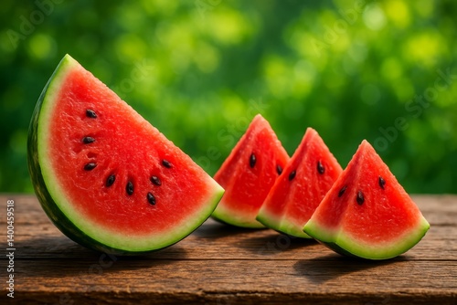 Freshly Sliced Watermelon on Rustic Wooden Table in Summer Garden Setting
