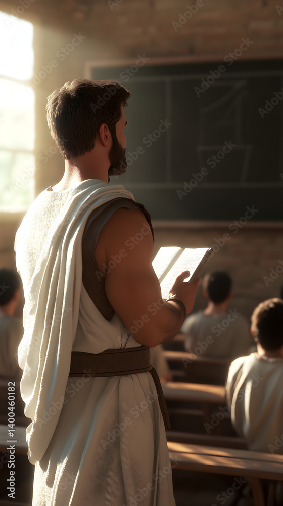 A Roman teacher in a schoolroom, writing lessons on a chalkboard while students sit on wooden benches.
A Roman teacher in a schoolroom, writing lessons on a chalkboard while students sit on wooden benches.
