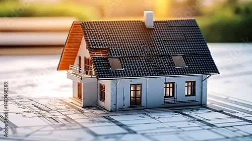 Miniature house model with dark roofing and light siding, rests on blueprint, bathed in soft sunlight