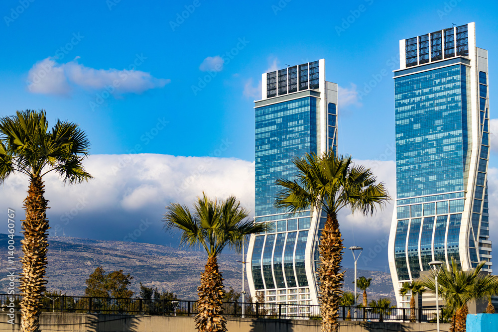 Fototapeta premium wall of a modern building on a background of blue sky abstract architectural background