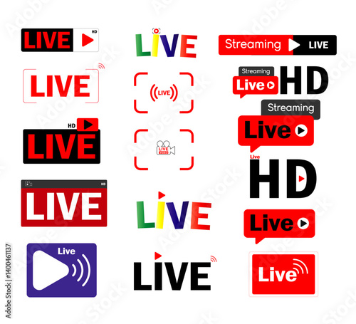 Live streaming icon. Video live broadcasting for blog, television, movies, shows, news and various video content. Live streaming red buttons stock vector, symbol illustration31.ai