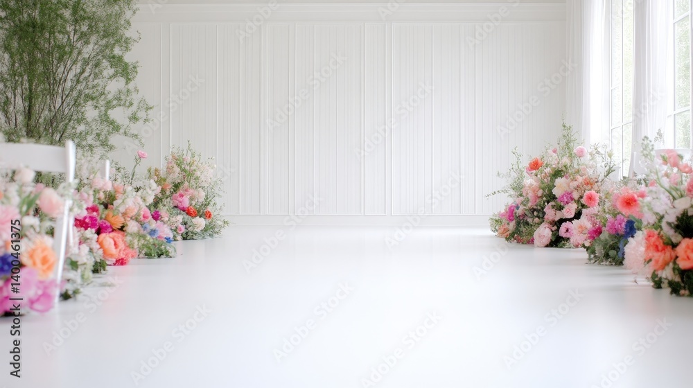 Fototapeta premium Elegant floral ceremony space. Fresh flowers decorate the aisle of a pristine white room