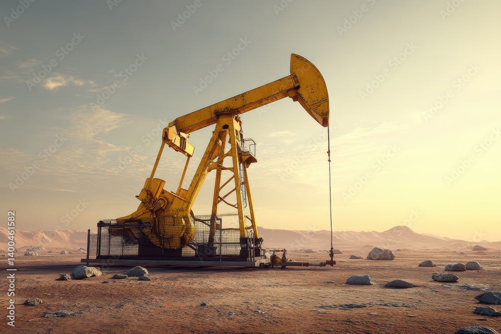 Industrial oil pump operating in a desert environment, symbolizing energy extraction and industrial resilience Industrial oil pump operating in a desert environment, symbolizing energy extraction and industrial resilience