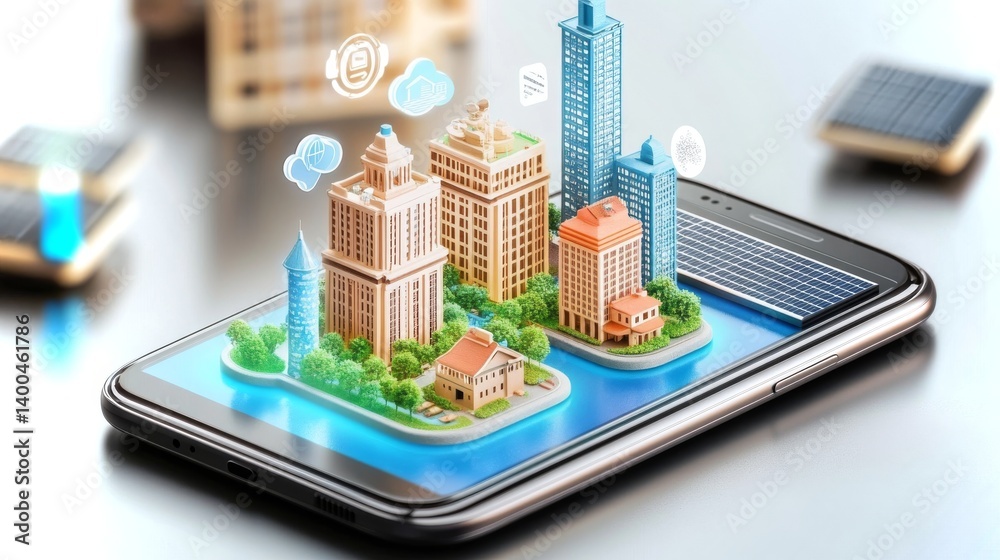 Miniature watercolor cityscape emerging from a smartphone showcasing modern urban elements