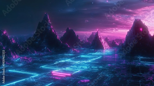 Futuristic landscape with glowing neon lines and otherworldly mountains panorama