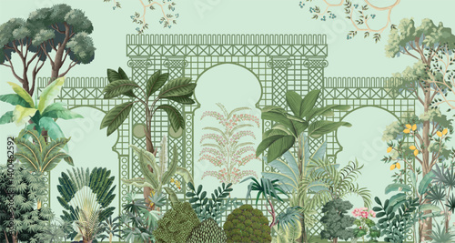 Mughal garden with plants tree palace illustration pattern for wallpaper, Mughal Mural background Design, Watercolor, Tropical Plant.