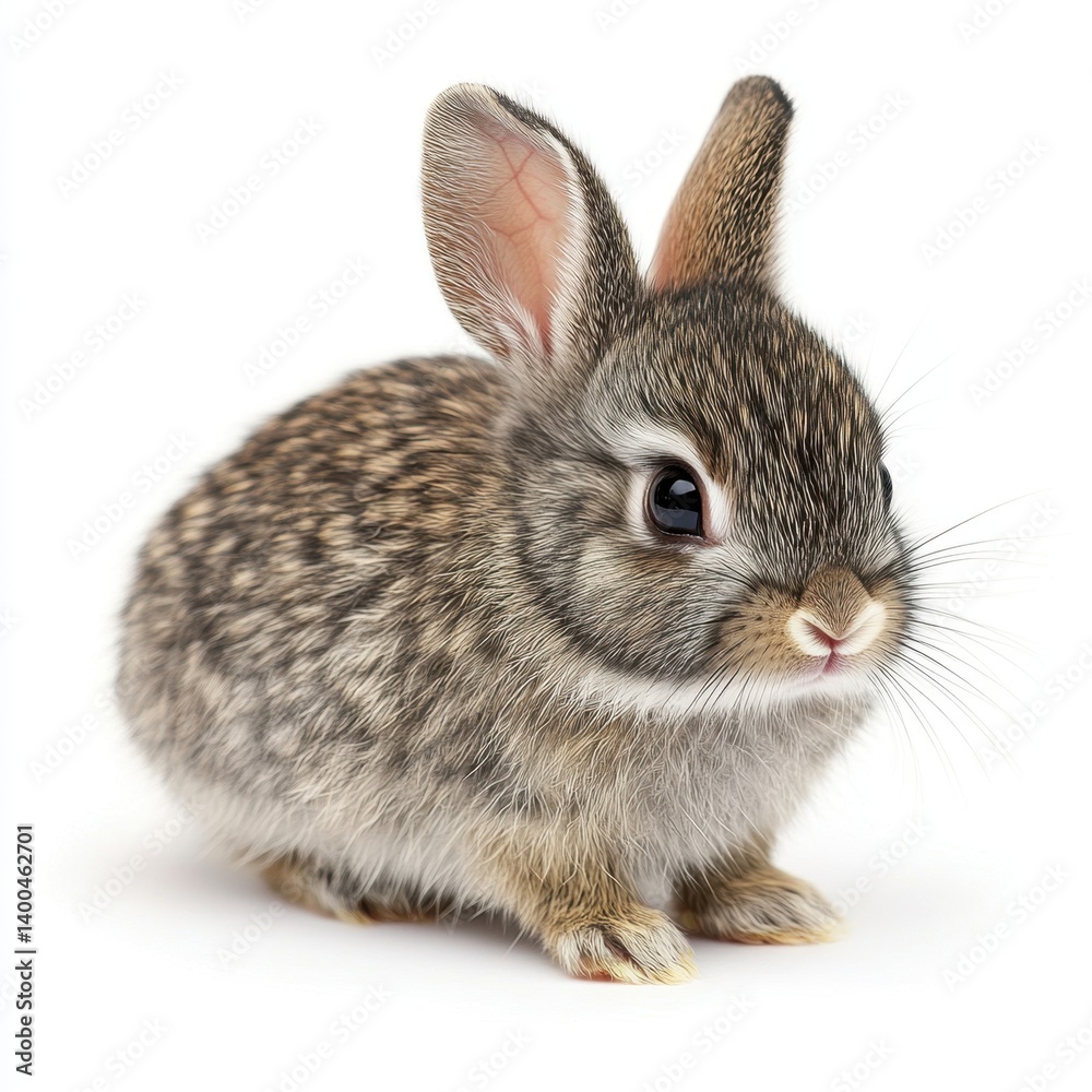 Obraz premium Charming close up of a fluffy wild rabbit with intricate fur texture on a clean white background in studio light
