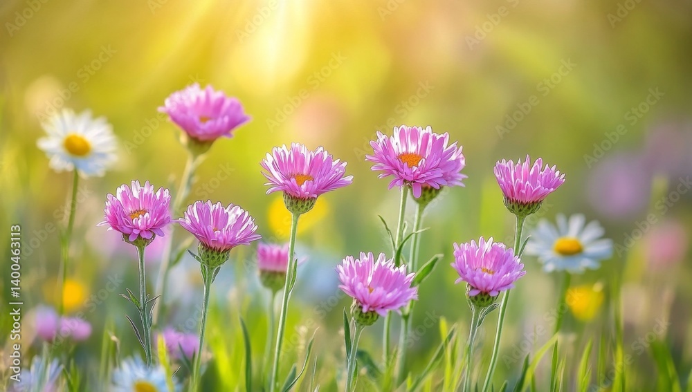 Vibrant wildflowers in a sunny meadow. Pink and white flowers bloom amidst green grass, bathed in golden sunlight Vibrant wildflowers in a sunny meadow. Pink and white flowers bloom amidst green grass, bathed in golden sunlight