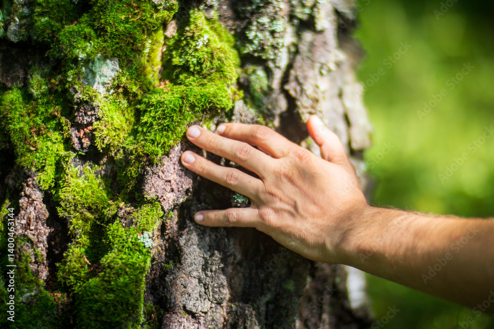 A man's hand touch the tree trunk close-up. Bark wood.Caring for the environment. The ecology concept of saving the world and love nature by human A man's hand touch the tree trunk close-up. Bark wood.Caring for the environment. The ecology concept of saving the world and love nature by human