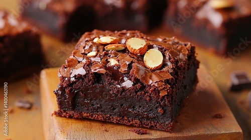 Obraz na płótnie Gooey brownies with an almond topping, perfect for indulging in chocolate goodness w salonie
