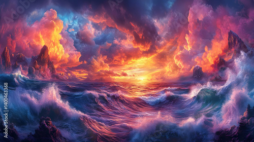 Dramatic Ocean Sunset with Pixelated Waves and Rocky Cliffs Under a Stormy Sky Featuring Deep Blues Purples and Fiery Oranges in a Seascape Art